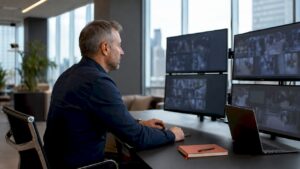 Ein Sicherheitsverantwortlicher überwacht aufmerksam die KI-gesteuerten Kontrollmonitore.