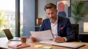 Der Hotelmanager überprüft am Schreibtisch die Unterlagen zur Automatisierung und verschafft sich einen Überblick über die aktuellen Prozesse.
