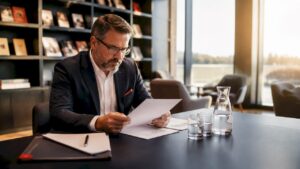 Der Hoteldirektor nimmt sich Zeit, um die Rückmeldungen der Gäste aufmerksam durchzugehen.