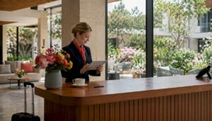 Eine Hotelangestellte nutzt ein Tablet, um Gäste bequem und kontaktlos einzuchecken.