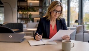 Die Hotelleiterin sitzt im Büro und liest sich die neuesten Gästebewertungen durch.