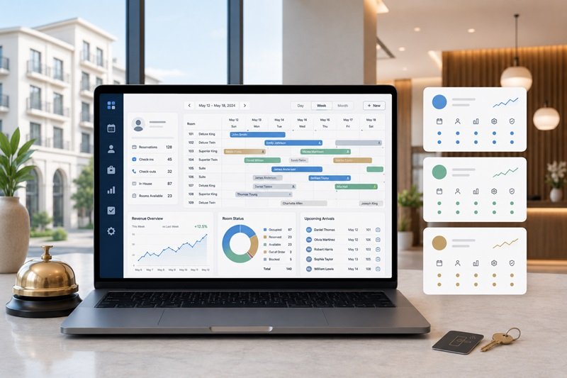 Hotelsoftware-Vergleich 2026 mit PMS-Dashboard für Buchungen, Zimmerstatus und Hotelmanagement