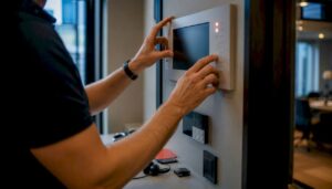 Ein Techniker überprüft die Sicherheitsanlage im Hotel und bedient das Kontrollpanel.