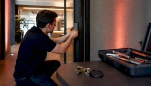 Ein Techniker montiert gerade ein Zutrittskontrollsystem im Hotel.