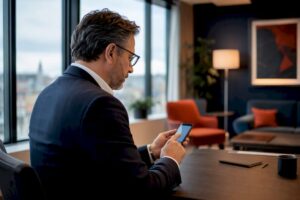 Hände, die ein Buchungssystem für Hotels auf einem Smartphone zeigen