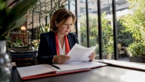 Der Hoteldirektor prüft die Unterlagen zur Einhaltung der KI-Sicherheitsstandards.