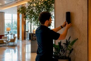 Mitarbeiter bringen im Hotelempfang einen Raumduftspender an.