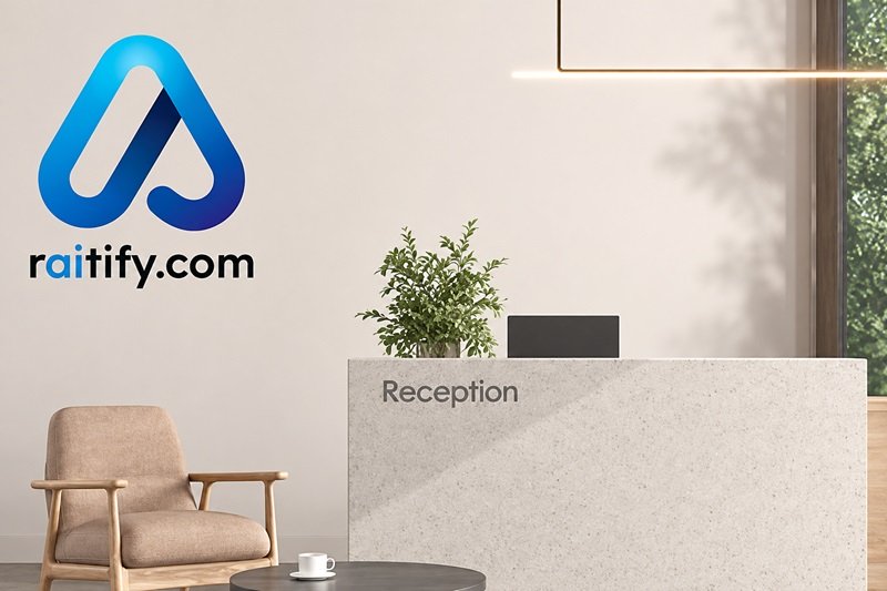 Raitify-Logo neben einer modernen Hotelrezeption mit Empfangstheke und Sitzbereich.