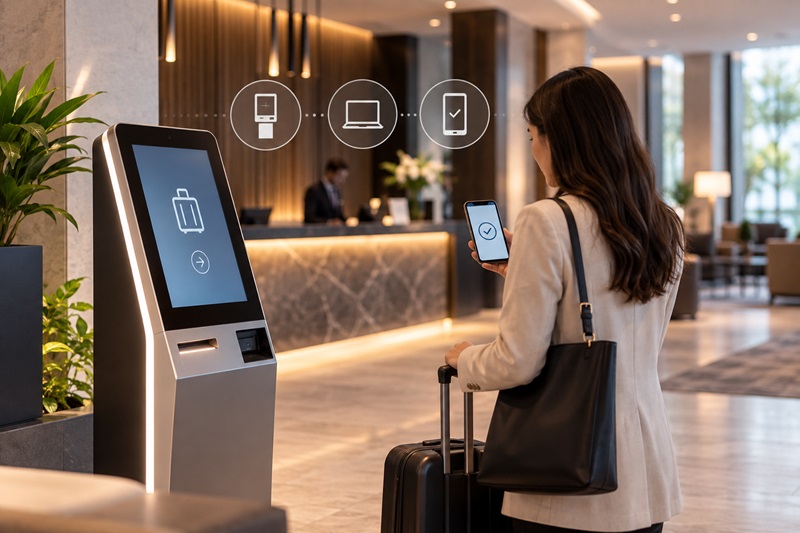 Self-Check-in im Hotel: Gast nutzt Check-in-Terminal und Smartphone