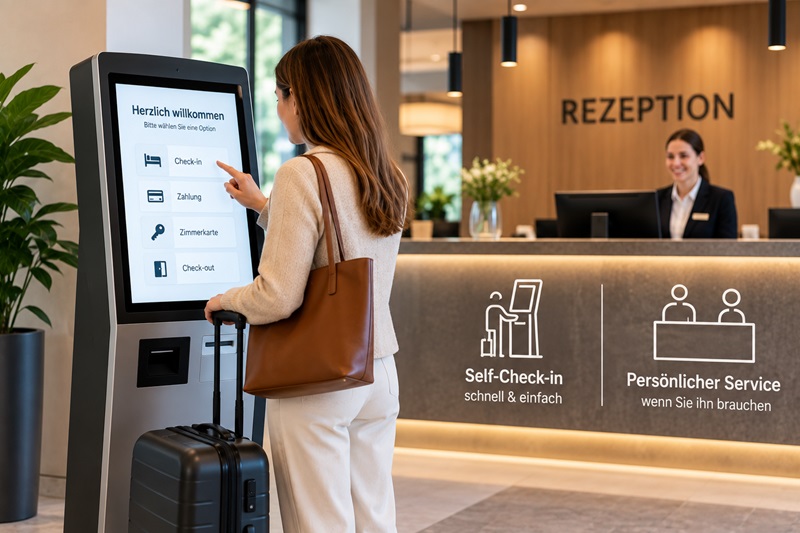 Hotelrezeption automatisieren mit Self-Check-in-Terminal und persönlichem Service