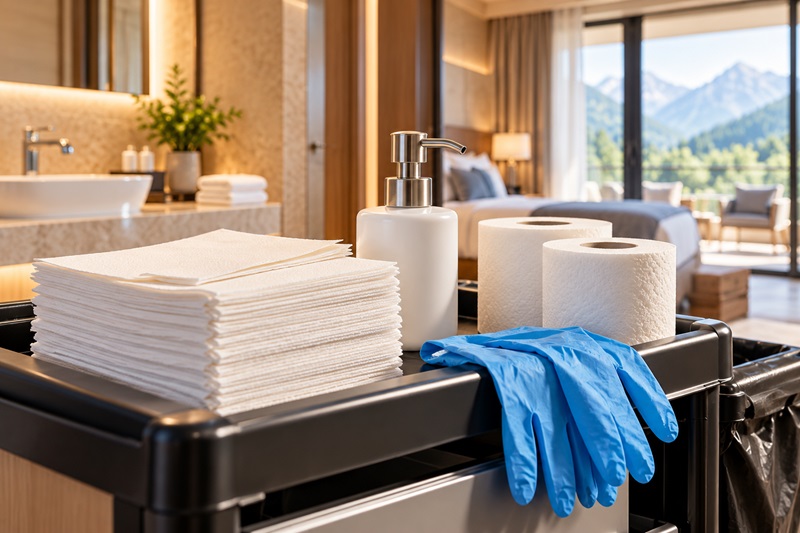Hygienebedarf im Hotel mit Papierhandtüchern, Seifenspender und Einweghandschuhen