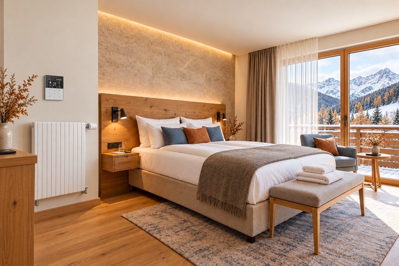 Hotelzimmer mit Heizkörper und digitalem Wandthermostat vor verschneiter Berglandschaft.