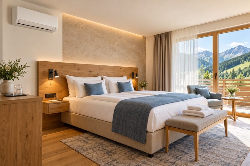 Modernes Hotelzimmer mit nachgerüsteter Klimaanlage und Alpenblick.